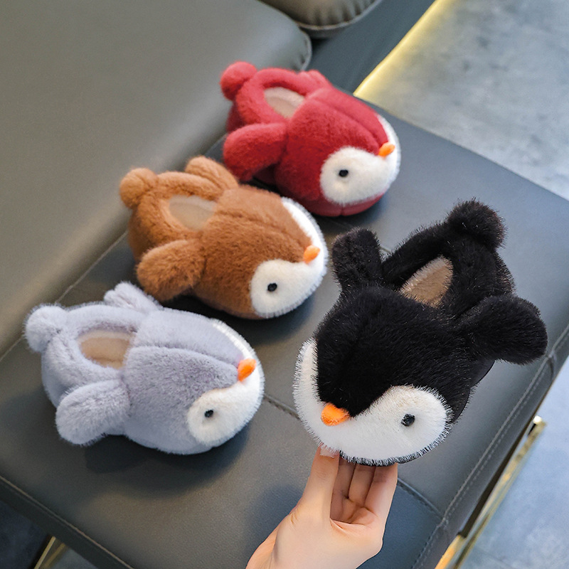 Zapatillas de algodón para niños, niños y niñas, invierno, calentamiento, pelusa, sensación de mierda, fondo grueso, bolsas de pingüino para bebés, zapatos de algodón