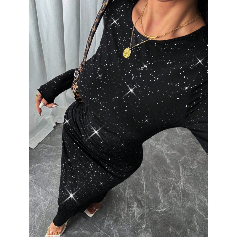 Black Extra-Long Dress with Stretchy Mesh Fabric, Fashionable and Sexy, Featuring Pleated Star Pattern and 3D Digital Print Dz