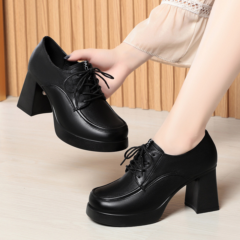 Elegant High-Heeled Shoes for Women 2025 New Spring and Autumn Lace-Up Deep-Cut Single Shoes Soft Leather Chunky Heel Thick-Soled Burgundy Women's Shoes Elegant High-Heeled Shoes for Women 2025 New Spring and Autumn Lace-Up Deep-Cut Single Shoes Soft Leather Chunky Heel Thick-Soled Burgundy Women's Shoes