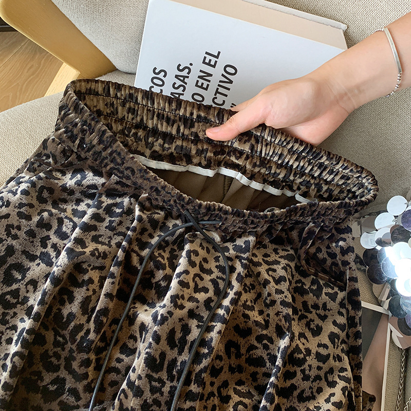 Women's Clothing 2024 autumn new leopard print gold velvet wide leg pants for women high waist drape casual high end straight velvet pants_voghion.com