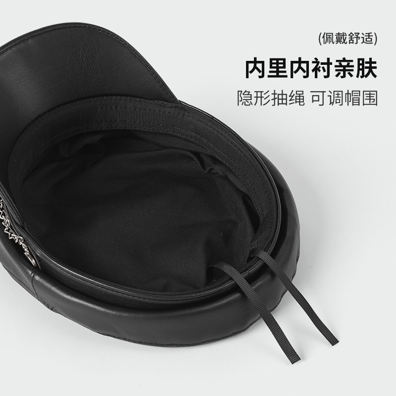 亚文化链条船锚黑色哑光海军风贝雷帽个性潮牌复古PU皮平顶报童帽|undefined