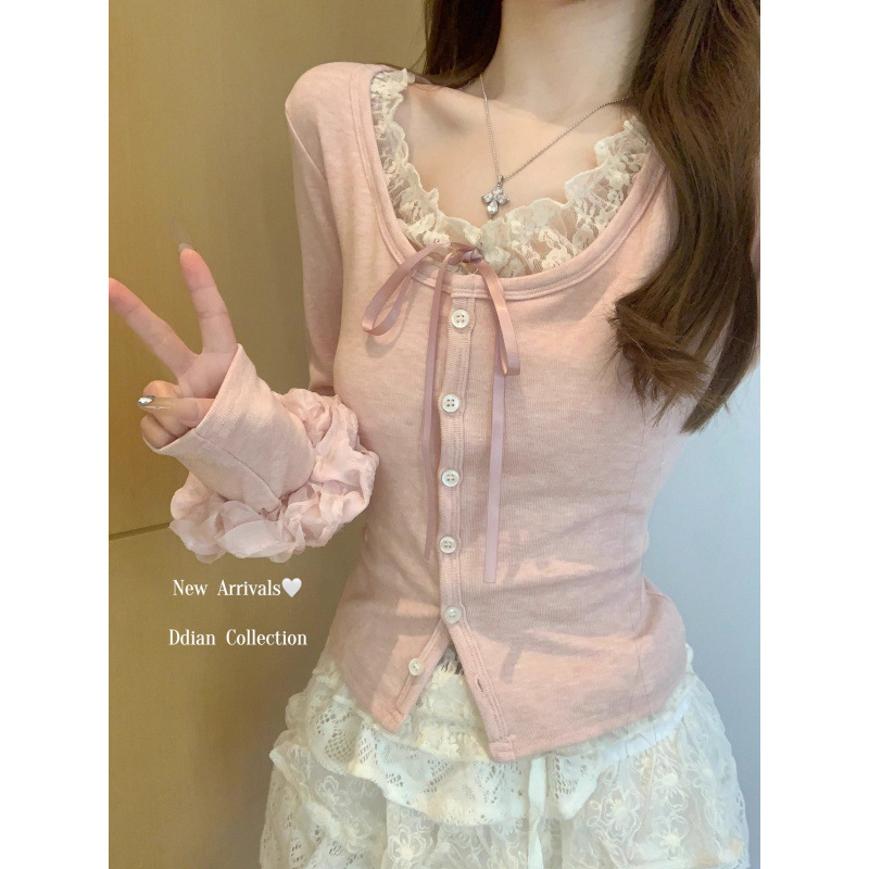 Early Spring Fake Two-piece Pink Lace Stitching Long-sleeved T-shirt Women's 2025 New Pure Inner Base Shirt Bm Top Early Spring Fake Two-piece Pink Lace Stitching Long-sleeved T-shirt Women's 2025 New Pure Inner Base Shirt Bm Top