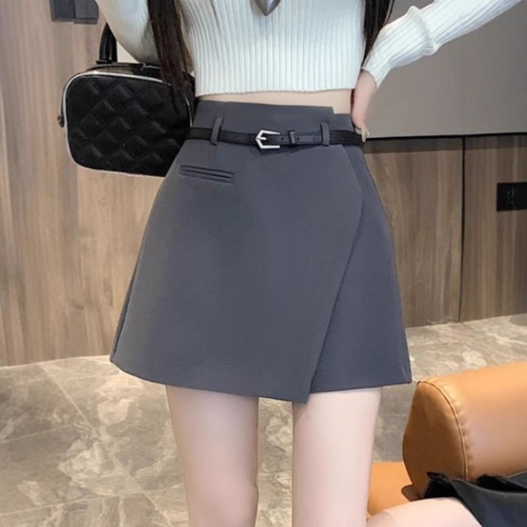 不规则灰色西装半身裙女春秋小个子宽松阔腿裙裤高腰显瘦A字短裙
