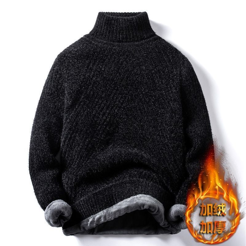 2021冬季潮男士加绒加厚毛衣条纹高领打底针织衫冬装雪尼尔保暖衣