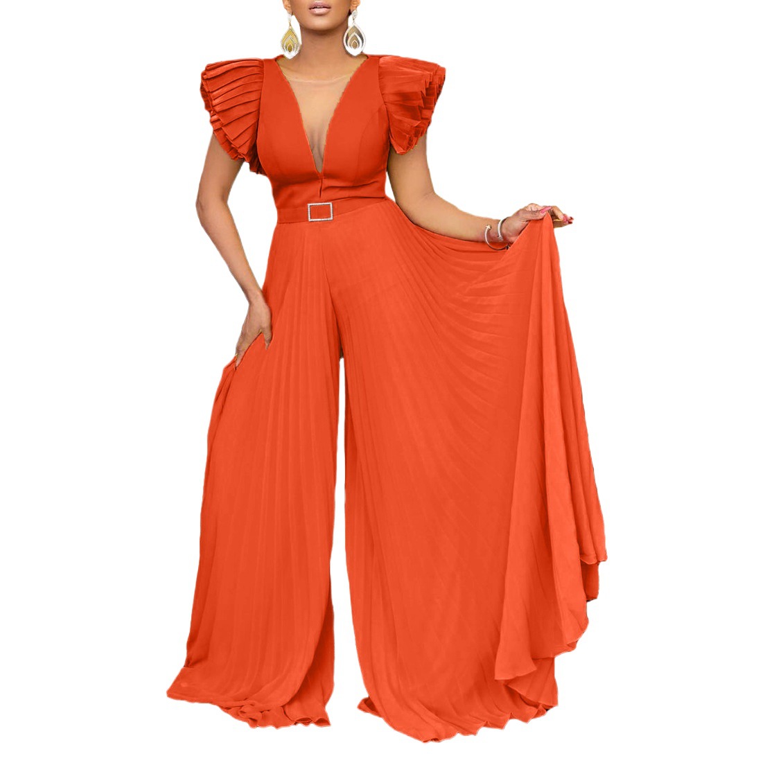 C8520P con cinturón transfronterizo ropa de mujer europea y americana Amazon sexy profundo V plisado pierna ancha más tamaño mono de comercio exterior