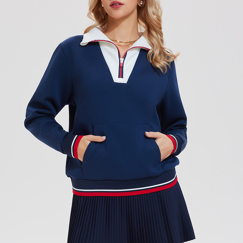 Vintage camiseta de tenis de manga corta, camiseta de cuello vertical, media cremallera, manga larga, primavera y otoño, dos piezas de estilo deportivo.