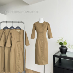 法式复古宽肩收腰显瘦五分袖女士连衣裙