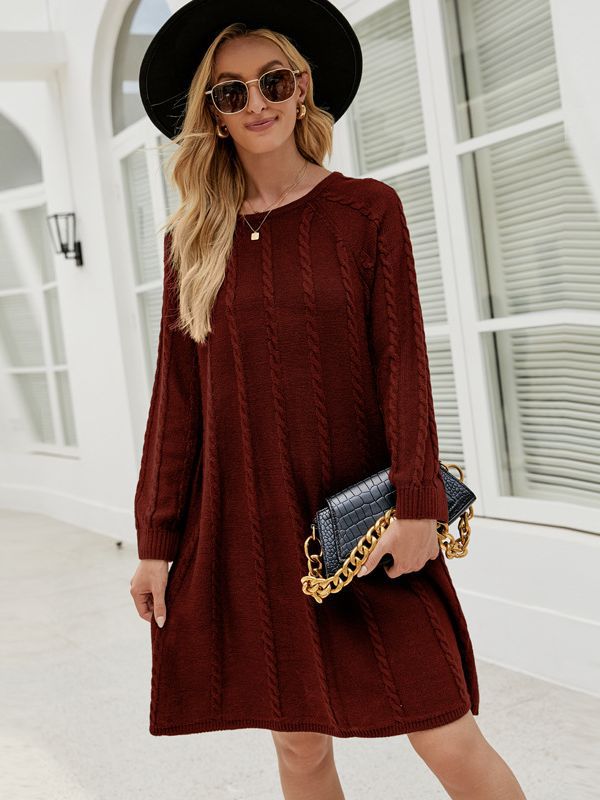 Comercio exterior transfronterizo popular Otoño e Invierno moda color sólido de suéter vestido largo cuello redondo torcido Vestido de punto de una línea