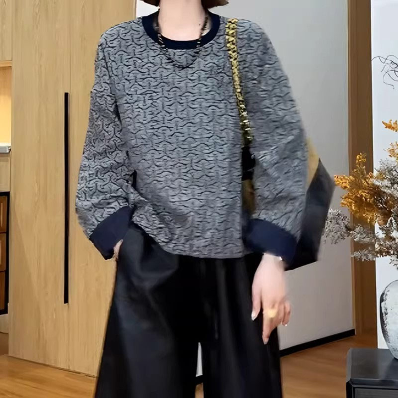 老钱风复古提花圆领长袖上衣2025年秋季女装撞色宽松显瘦别致小衫|undefined