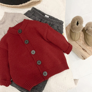 2024 New Winter Cardigan Red New Year Children's Knitted Coat New Year's Sweater Western Style Children's Wear for Boys and Girls