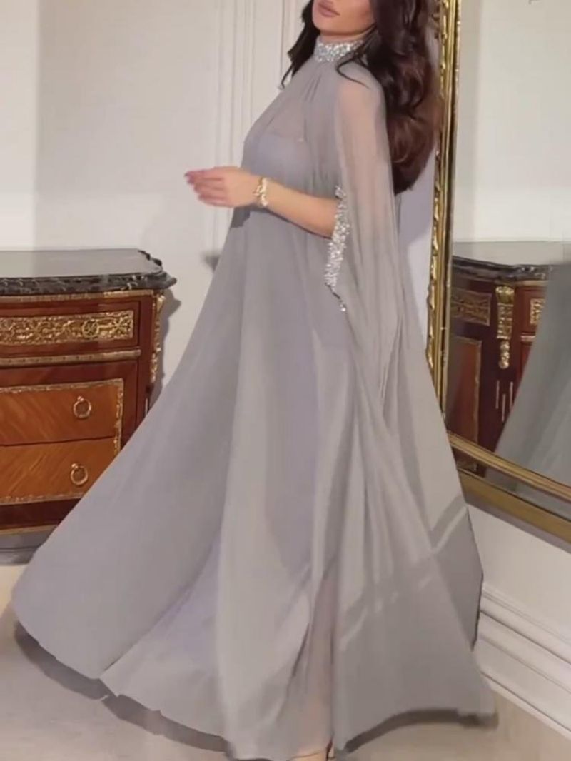 Elegant Chiffon Evening Dress With Cape And Beads Two Piece Set_voghion.com