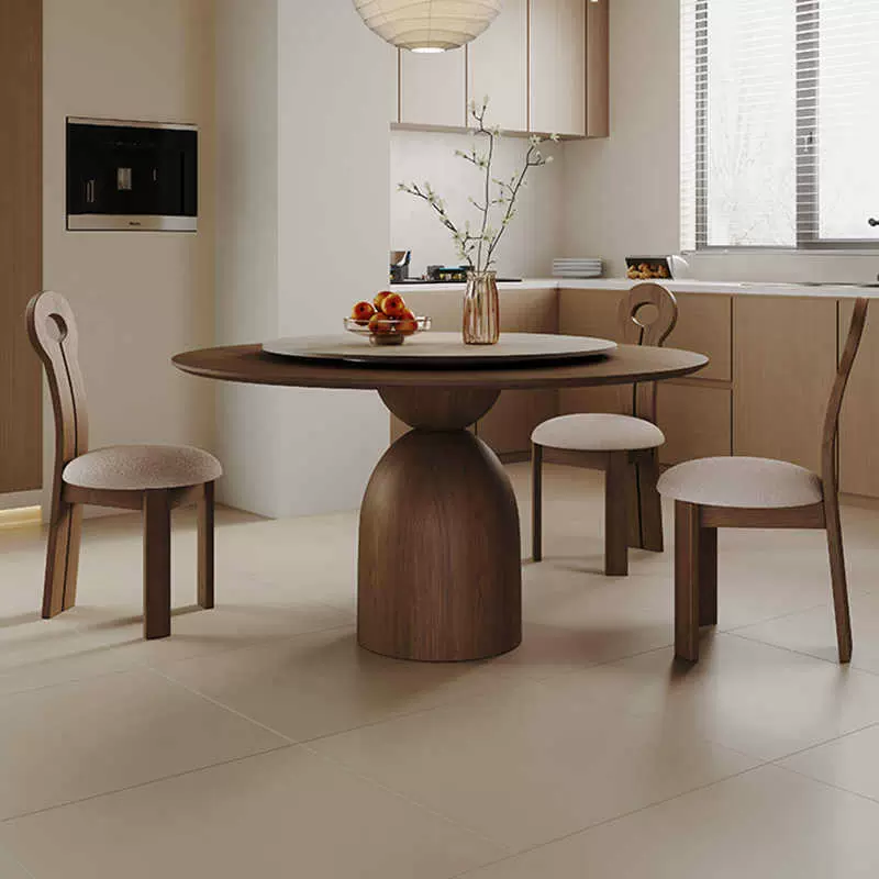 黑胡桃木中古风圆形餐桌带转盘圆桌家用小户型设计师实木餐桌椅