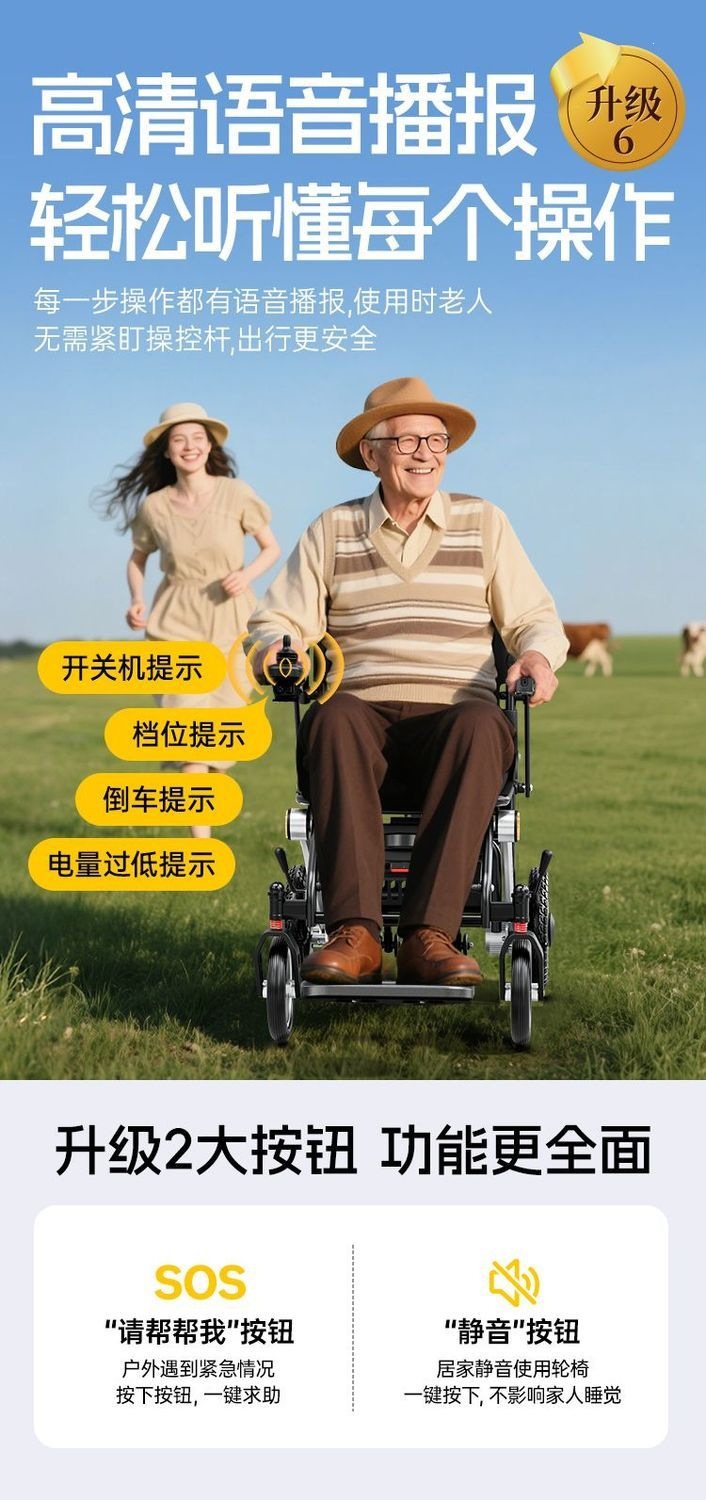 Lightweight, intelligent, fully automatic folding electric wheelchair for disabled elderly, universal portable travel mobility aid