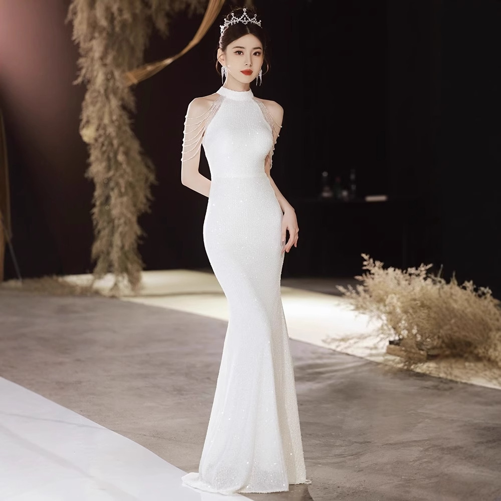 White Evening Dress for Women 2026 New Style High-End Banquet Elegant Light Luxury Niche High-End Host Mermaid Dress for Women