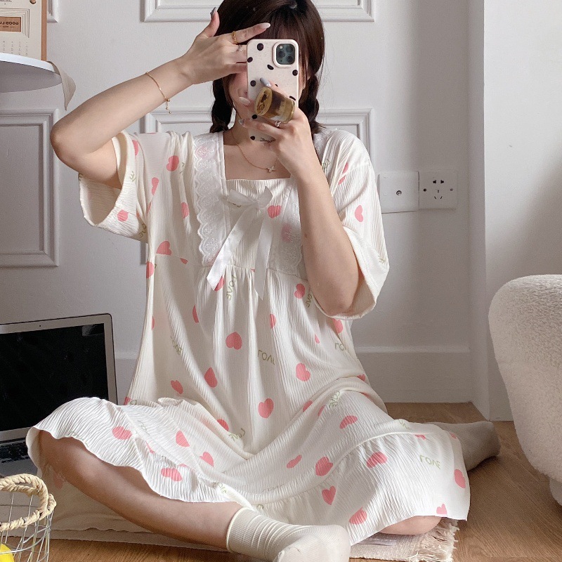 2024 verano cuello cuadrado tela de algodón arrugada delgada mangas cortas dulces pijamas largas niñas ropa de hogar comercio exterior al por mayor