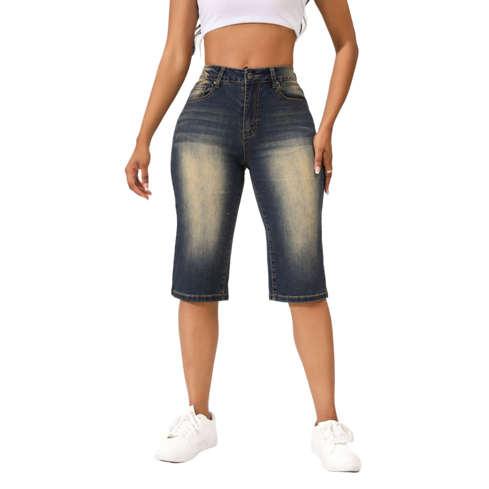 Tendencia europea y americana transfronteriza Vaqueros retro lavados sobre la rodilla mujeres primavera y verano nuevos jeans Jeans elásticos sueltos