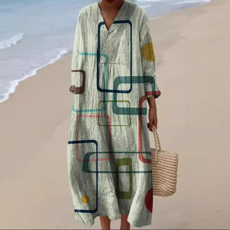 Cross-Border Independent Station Amazon Long-Sleeved Shirt Dress Women's Casual Floral 3D Printed Sleeve Long Skirt