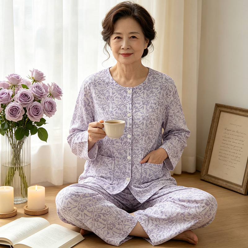 Middle-aged and elderly women's round-neck cardigan-style cotton-blend pajamas, long-sleeved, long-pants, loose-fitting, spring and autumn thin, light luxury, elegant loungewear Middle-aged and elderly women's round-neck cardigan-style cotton-blend pajamas, long-sleeved, long-pants, loose-fitting, spring and autumn thin, light luxury, elegant loungewear