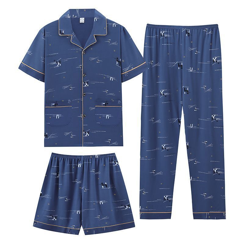 Pajamas de algodón de hombre verano pantalones de manga corta de tres piezas set 2024 nuevo conjunto de ropa casera pantalones cortos delgados tamaño más grande