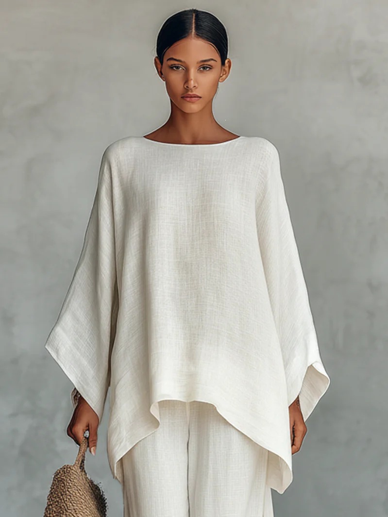 Breathable Linen-Blend Batwing Sleeve Shirt And Wide-Leg Pants Set For Women, Comfortable Office To Casual Wear, Available In Multiple Colors_ecoleips.com