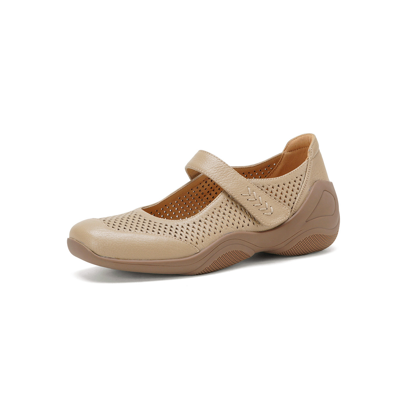 Giày sneaker nữ đế dày da cừu quai ngang lỗ rỗng — màu trắng ngà