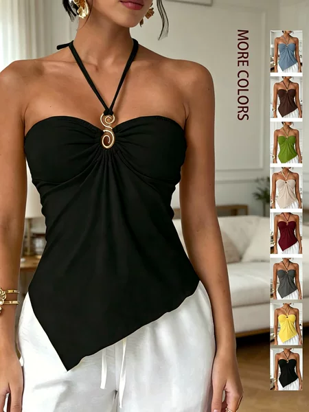2026 Summer New Cross-Border Amazon Women's Clothing Sexy Hot Girl Hollow-Out Metal Halter Neck Tube Top with Backless Design