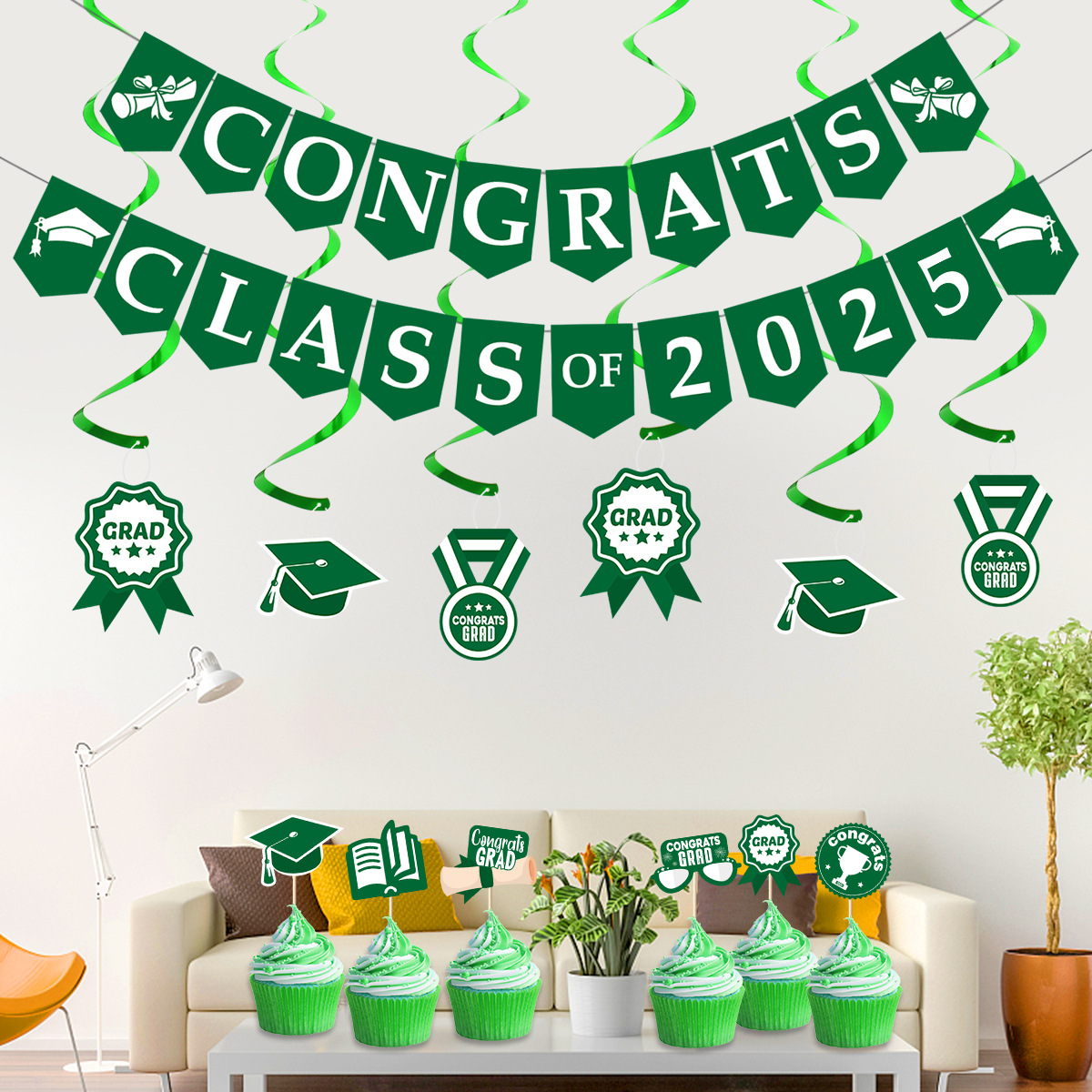 Temporada de graduación decoración del partido temporada de graduación tire bandera espiral tarjeta decoración de la torta azul verde graduación temporada Decoración