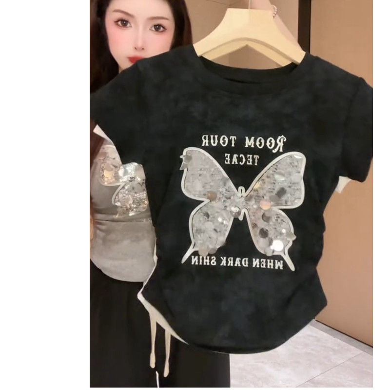 Camiseta de hombro de manga corta de mariposa con lentejuelas para mujer 2024 verano nuevo estilo moda casual pliegues cintura delgada para mujer image 8