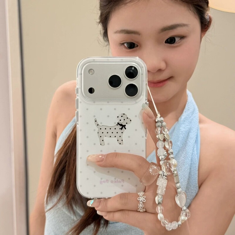 Korean-Style Cute Spotted Dog Chain Phone Case Suitable for iPhone 17 Pro Max, New Model for 16/15, Niche Design for 14 Korean-Style Cute Spotted Dog Chain Phone Case Suitable for iPhone 17 Pro Max, New Model for 16/15, Niche Design for 14