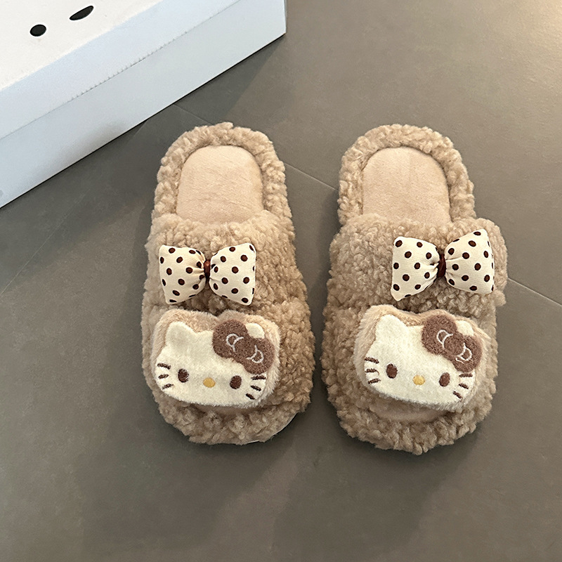 蝴蝶结kt猫平底毛毛拖鞋女秋冬季可爱卡通露趾休闲一字毛绒棉拖鞋|undefined