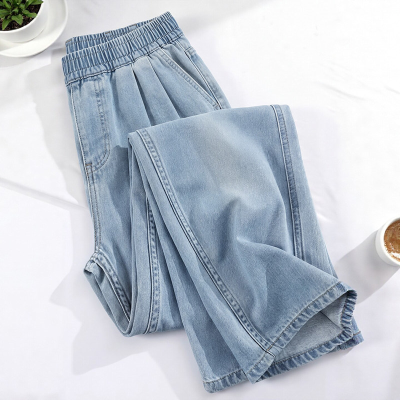 Tencel Jeans for Women, Summer Thin High-Waisted Straight Loose Narrow-Fit Petite Elastic Waist Ice Silk Wide-Leg Pants