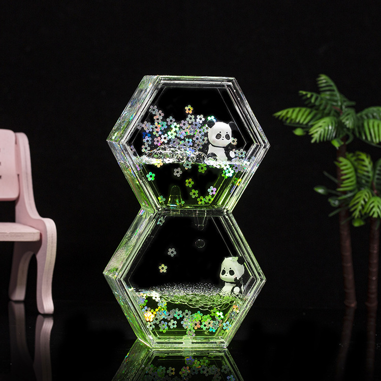 Acrílico transparente panda gota de aceite reloj de arena líquido botella de arena flotante regalo de cumpleaños para niños decoración de escritorio de oficina