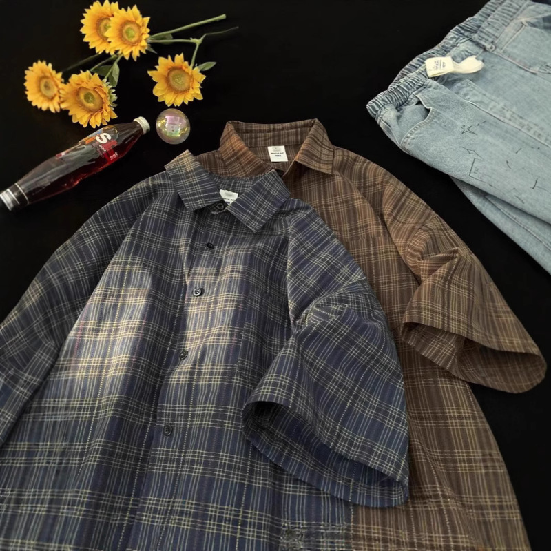 Plaid Short-Sleeve Shirt for Men, Summer Stylish Jacket with a Trendy Japanese Cityboy Design Plaid Short-Sleeve Shirt for Men, Summer Stylish Jacket with a Trendy Japanese Cityboy Design