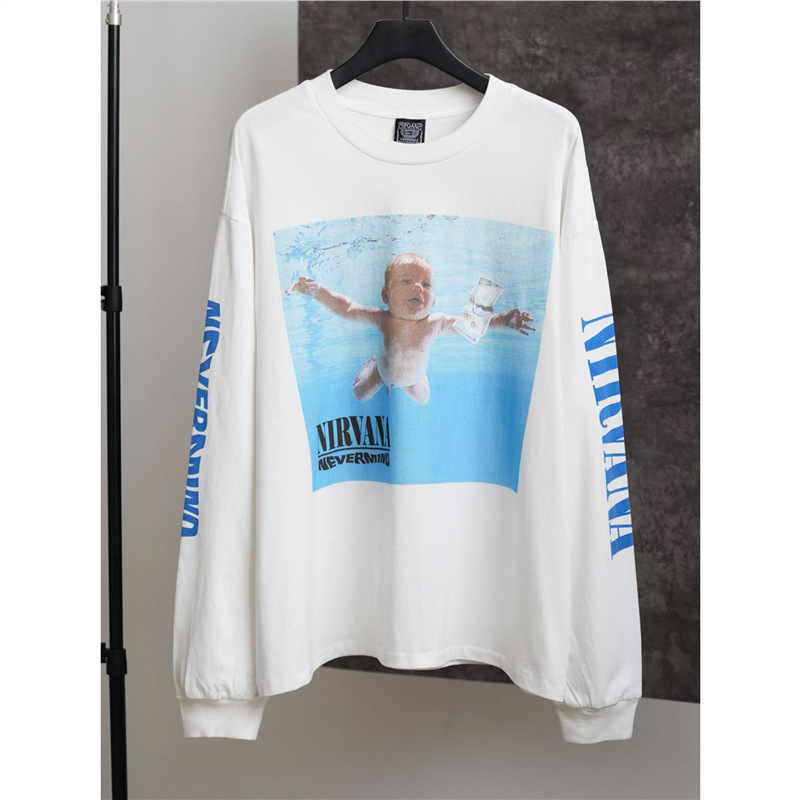 American-style Nirvana album pool dollar baby print washed and distressed loose long-sleeve T-shirt, unisex trendy American-style Nirvana album pool dollar baby print washed and distressed loose long-sleeve T-shirt, unisex trendy
