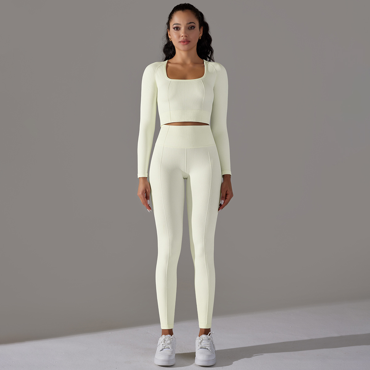 Rochie de yoga Jacquard pentru femei, cu mânecă lungă, talie înaltă, colanți de șold, îmbrăcăminte sport pentru fitness_voghion.com