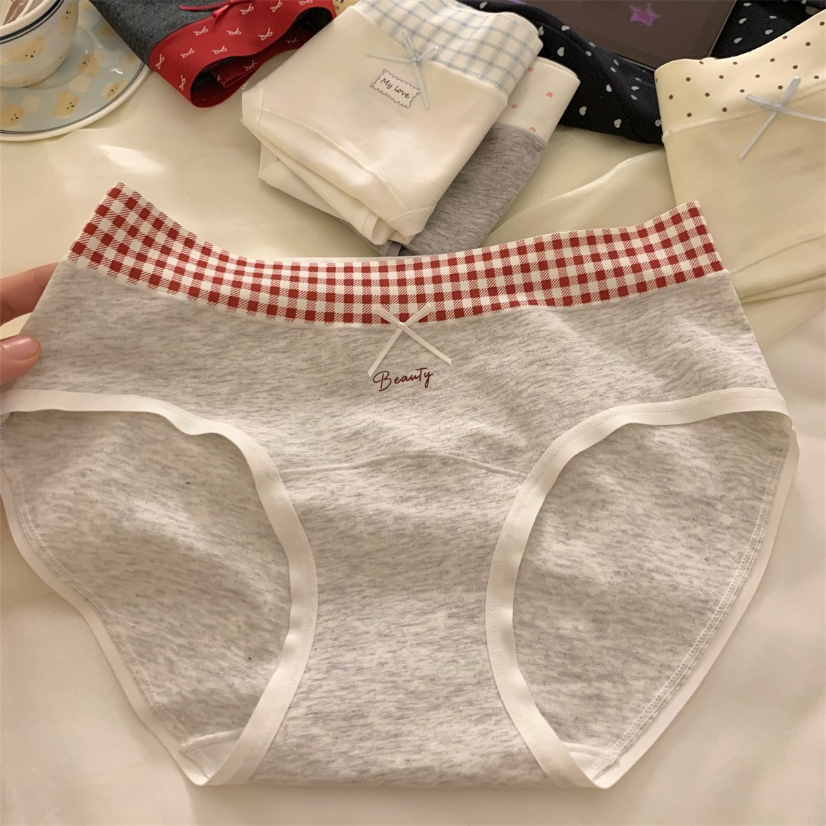 Irina 2026 Bowknot 10A Extended Cotton Crotch Sweet Patchwork Plaid Solid Color Women's Underwear Triangle Panties