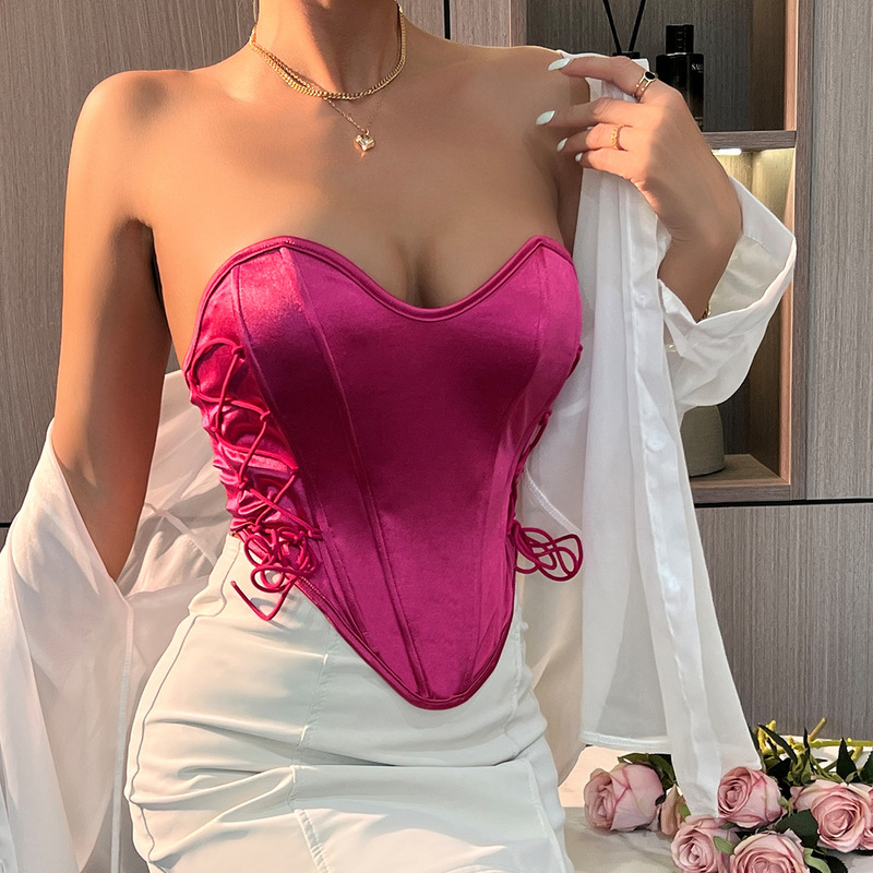 Cross-Border Foreign Trade Hot-Selling Sexy Hot Girl Lace-Up Pure Color Chest-Wrapped Street Backless Fishbone Corset Vest 10553
