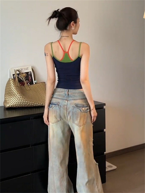 美式辣妹撞色双肩带拼接吊带背心女夏季外穿带胸垫设计感无袖上衣|undefined