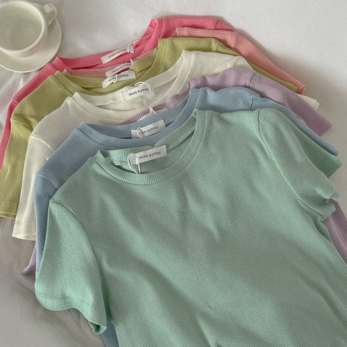 Women's Summer New Indie Casual Matchable Crew Neck Ribbed Short Sleeve T-Shirt Wholesale