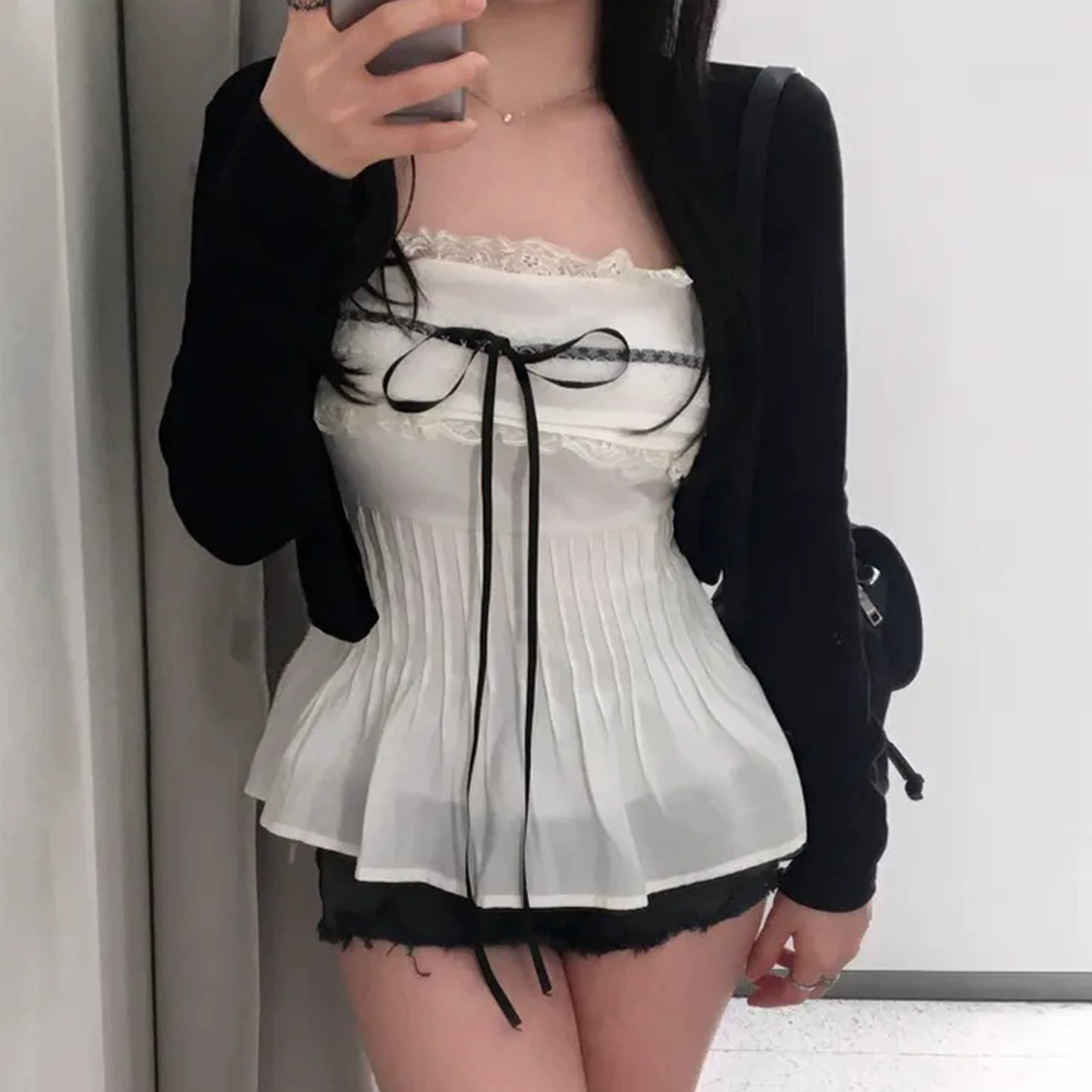 Топ-труба в сладком и пряном стиле для французских девушек с кружевной завязкой и бантом, простой плиссированный топ контрастного цвета с кружевной строчкой