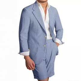 新款男士 2 件套夏季泡泡纱套装沙滩婚礼服晚会宴会修身条纹