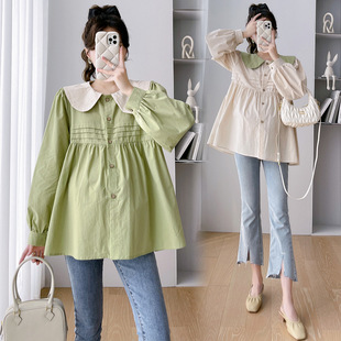 Internet Celebrity Fashion All-match Age-reducing Korean Style 2024 Autumn New Pregnant Women Contrast Color Doll Shirt Elegant Pregnant Women Top