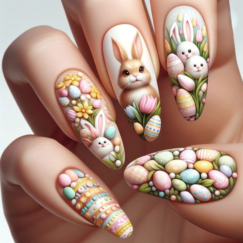 WM-142 Easter Rabbit False Nails Cartoon Cute Rabbit Egg 24 Pieces Nail Wearing Nail Pieces Wholesale