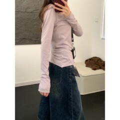 时尚百搭甜美外穿正肩收腰长袖T恤女春秋季修身上衣薄款防晒罩衫