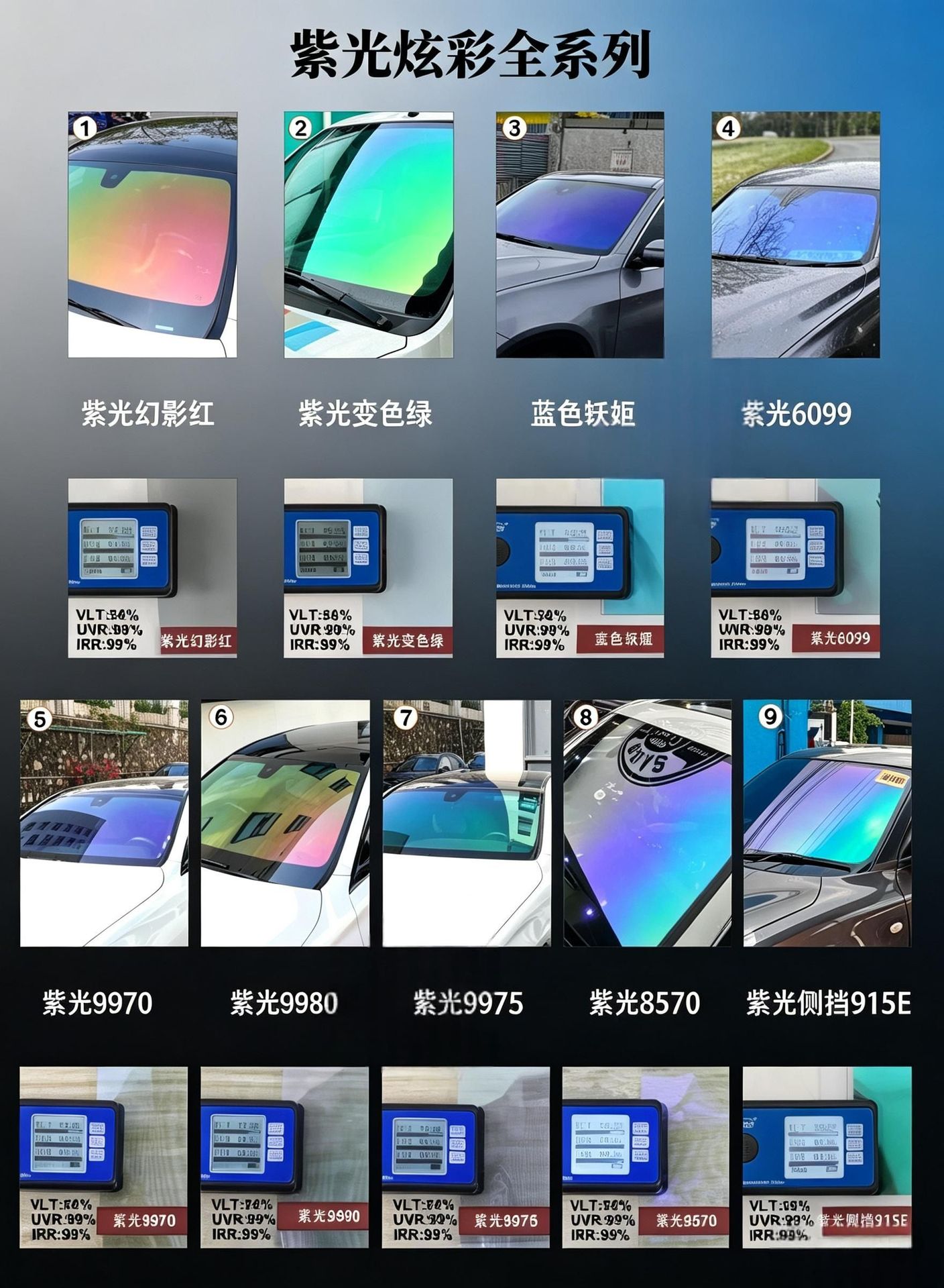 Factory wholesale of colorful car window tint film, including imperial purple, blue, and enchanting glass explosion-proof and sun protection films, sold in full rolls