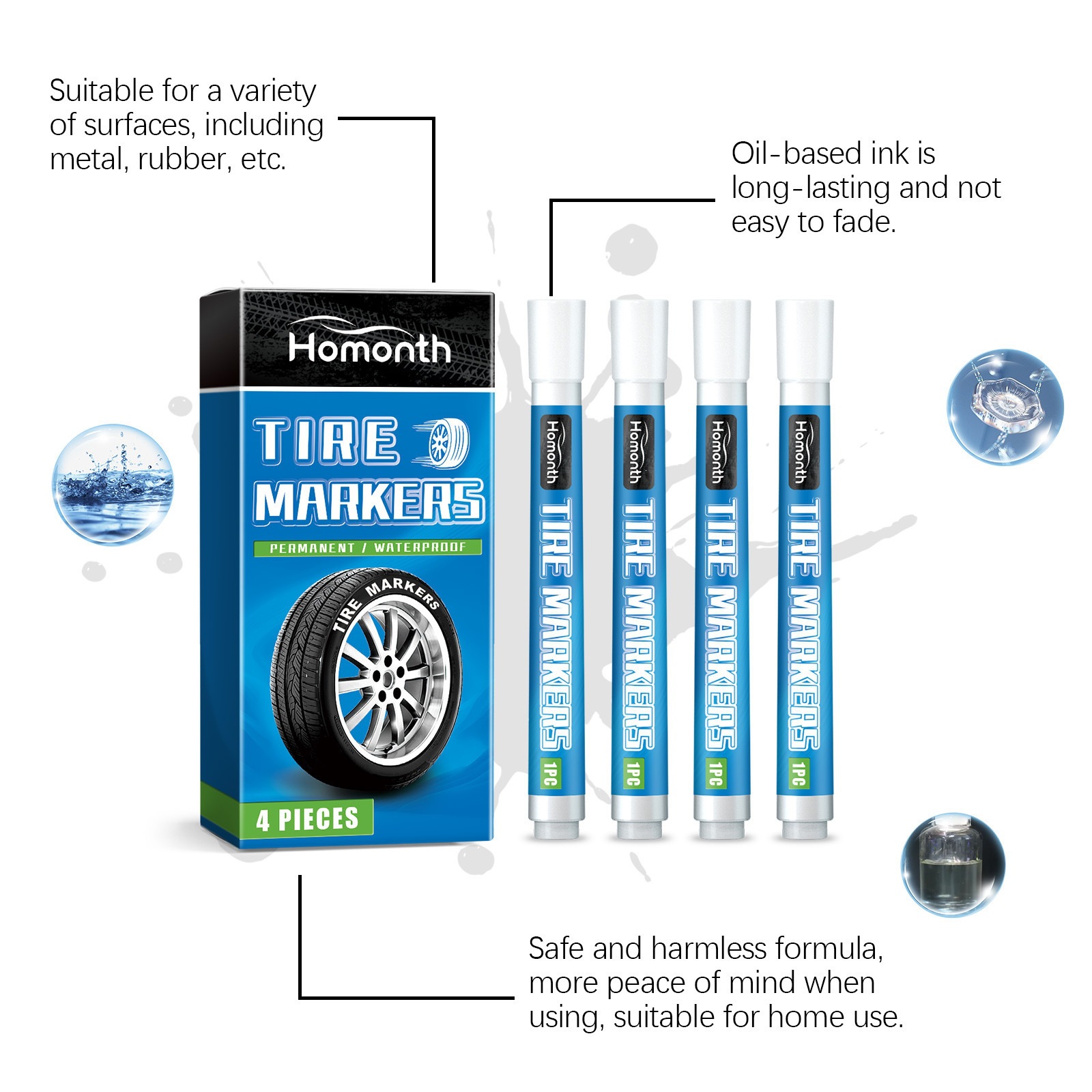 Homonth White Tire Paint Pen, Non-Fading Car Tire Paint Pen, Creative DIY Oil-Based Pen