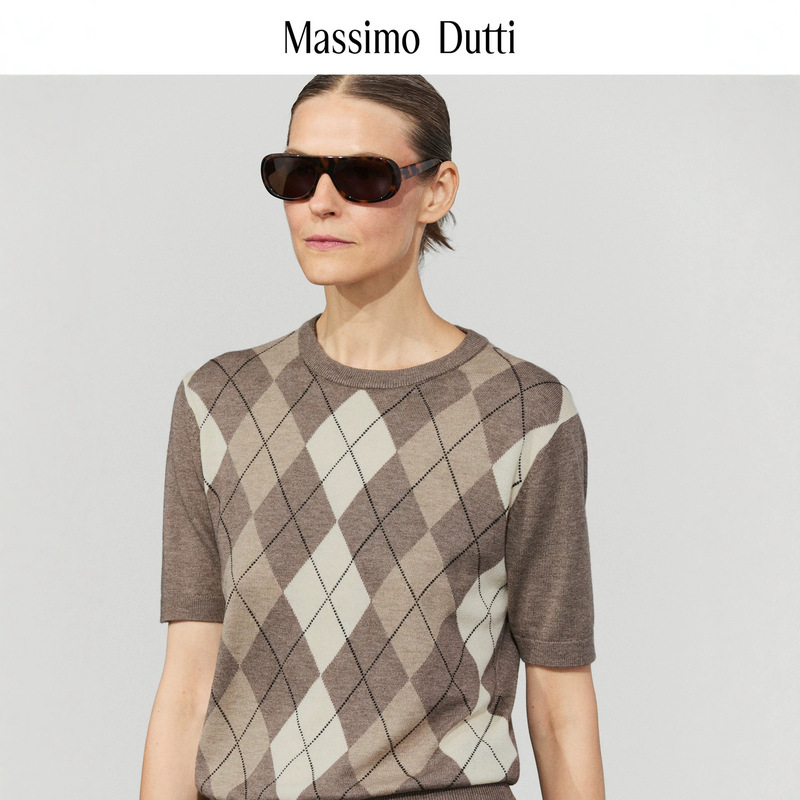 Massimo Dutti 2026 Women's College Wool Blend Diamond Pattern Round Neck Short Sleeve Sweater Top Knitwear Massimo Dutti 2026 Women's College Wool Blend Diamond Pattern Round Neck Short Sleeve Sweater Top Knitwear