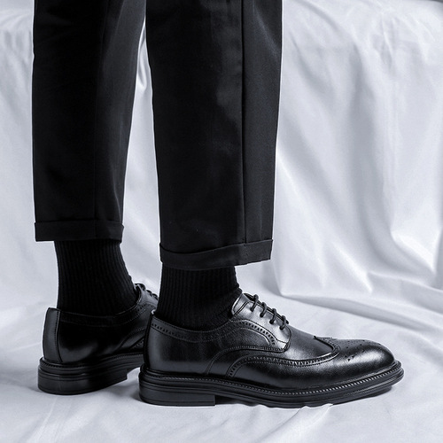  Men's Black Business Formal Leather Shoes Men's Thick Soled Casual British Style Groom's Wedding Shoes 6151-R