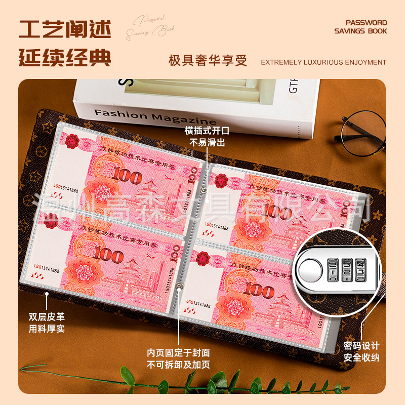 Bloqueo de contraseña transfronterizo, depósito en efectivo, libro de almacenamiento de moneda conmemorativa de billetes de gran capacidad, carpeta de almacenamiento de dinero de cuero PU retro