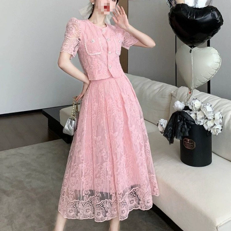 Летний элитный ароматный костюм, женственный и роскошный топ с кружевными пышными рукавами, юбка с высокой талией, комплект из двух предметов